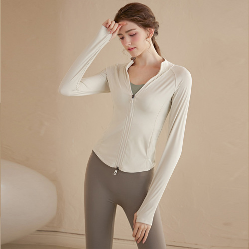 Double zipper stand collar yoga clothing jacket women's long-sleeved sports top slim fit running and cycling autumn and winter fitness clothing