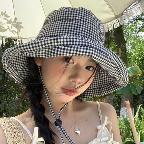 Spring and summer Korean style ins plaid large brim fisherman hat women's Korean style face-covering anti-UV sun protection hat