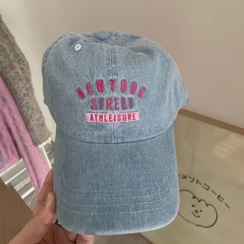 ins Korean generation same style/new American sweetheart peaked cap washed denim pink embroidered soft top baseball cap men and women trendy