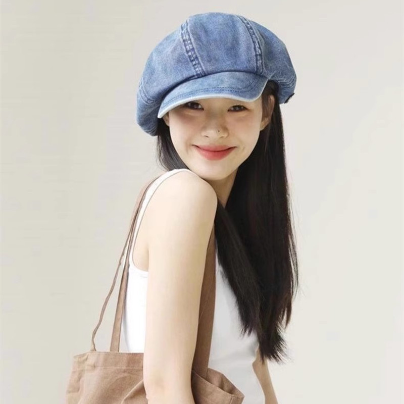 Cowboy beret female retro painter hat summer thin big head circumference octagonal hat summer face-showing small blue hat