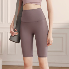 2024 double-sided brocade nude sense fitness mid-pants high-waist slim peach butt sports five-point tight yoga pants for women