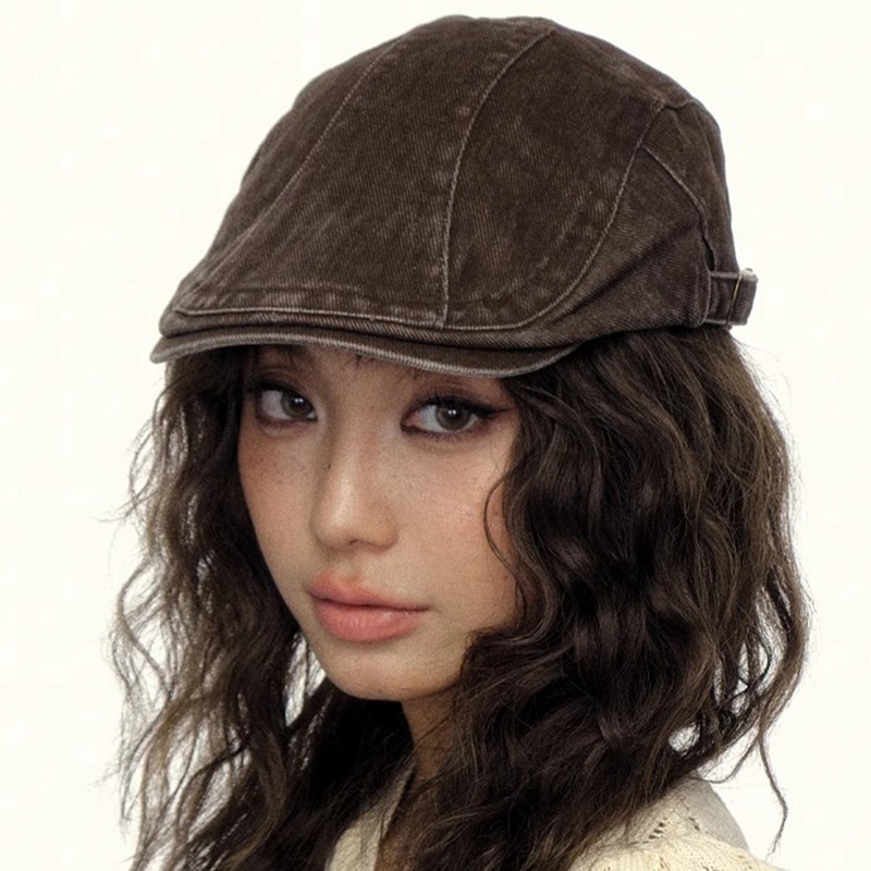 American retro coffee color washed old denim forward hat female hot girl peaked hat beret newsboy painter hat
