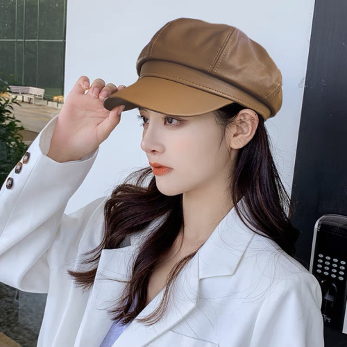 Hat women's Korean style octagonal hat showing face small PU leather peaked hat autumn British trend painter's hat beret