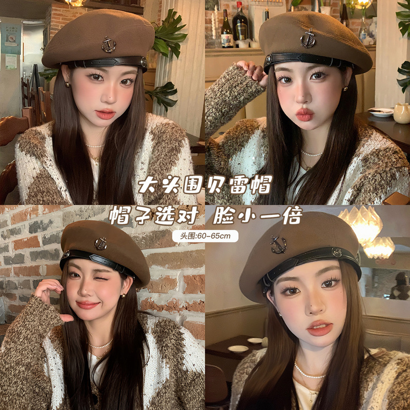 Autumn hat women's fashionable big head beret showing face small Korean print artist hat dome beret hat