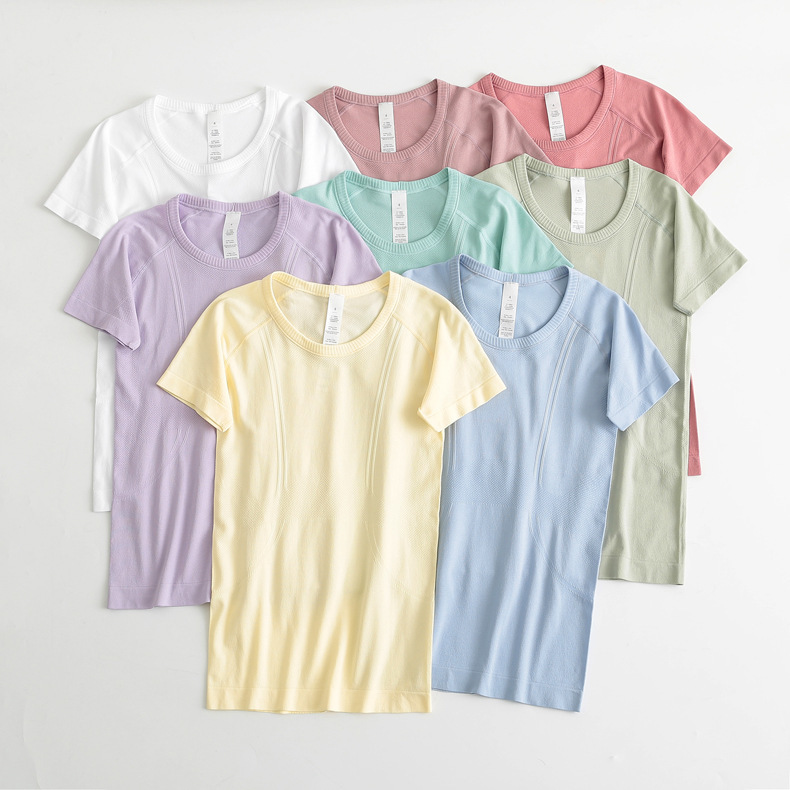 Sports short-sleeved women's yoga tops Pilates knitted round neck fitness clothes running thin T-shirt outer cover-up