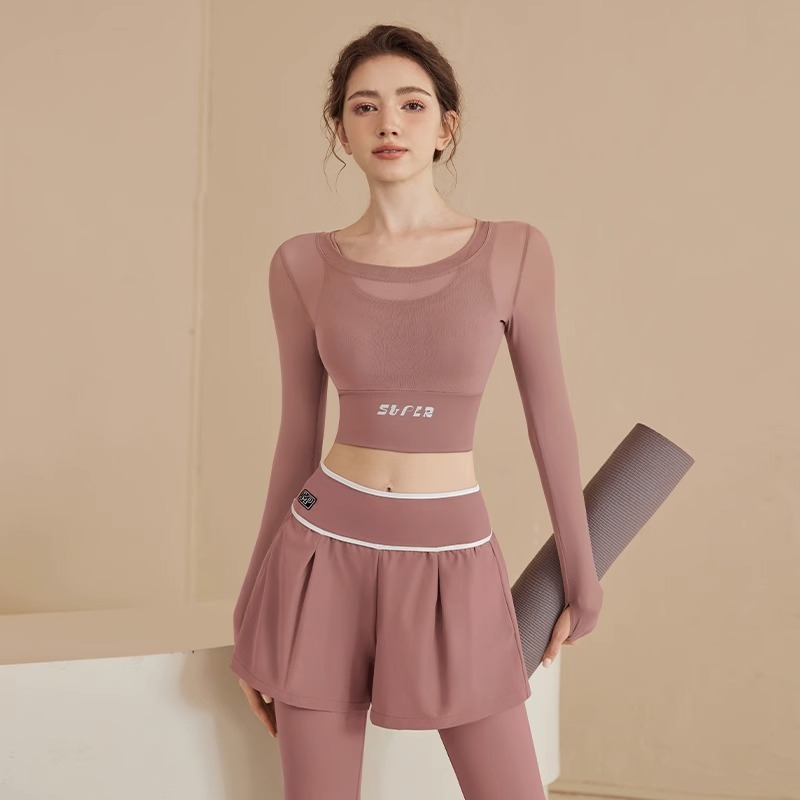 New yoga wear women's short-sleeved summer breathable top Pilates training sports running fake two-piece fitness wear