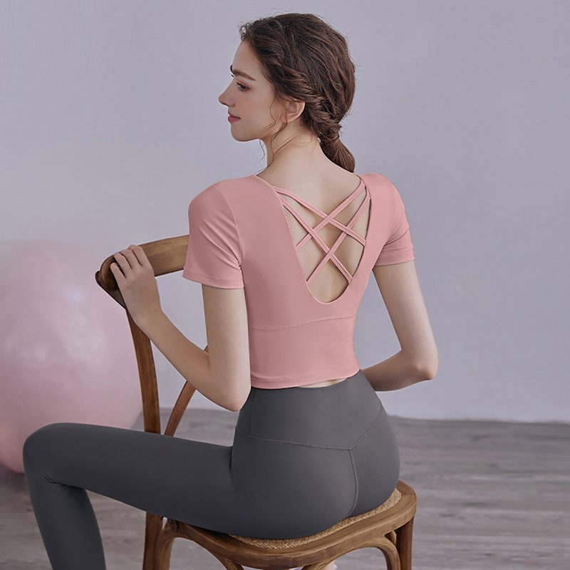 Nude fitness yoga wear long-sleeved sports short-sleeved top short with chest pad quick-drying running tights for women