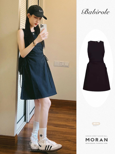 Designed black drawstring lace-up vest dress for women in summer loose age-reducing bud skirt short skirt