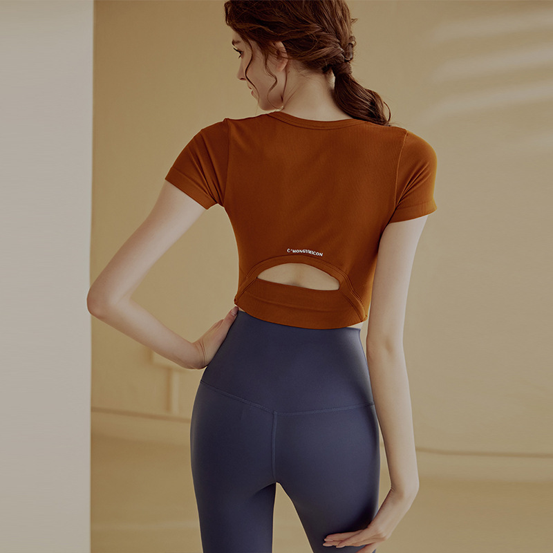 Yoga tops, women's short-sleeved T-shirts, sports and fitness tops, slim and sexy running fitness Pilates training clothes