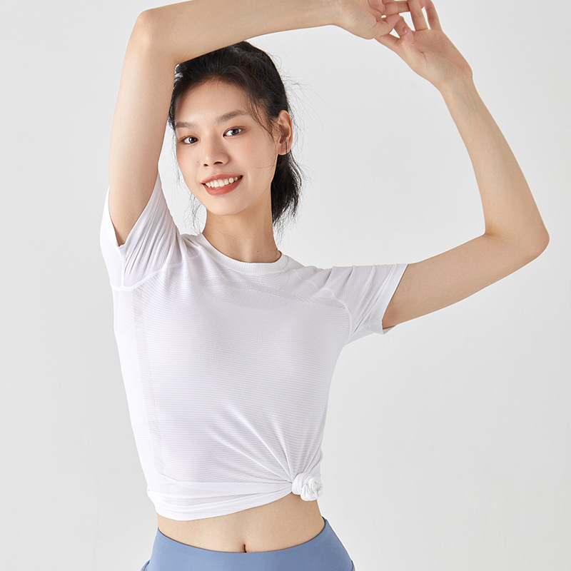 2024 New Women's Sports Hollow Breathable Lightweight Short Sleeve Women's Candy Color High Elastic Summer Short T-Shirt Half Sleeve