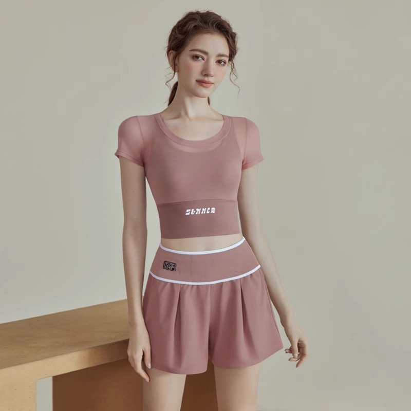 Yoga clothes for girls, short-sleeved new spring and summer breathable tops, Pilates training, running, fake two-piece sports fitness clothes