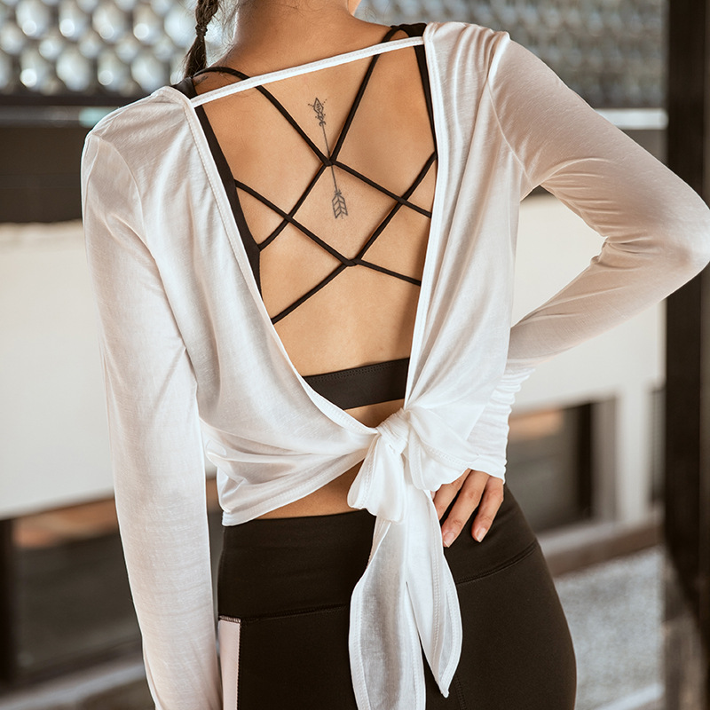 New open back tied yoga clothes for women, long-sleeved running yoga tops, slim fit and beautiful back long-sleeved T-shirts
