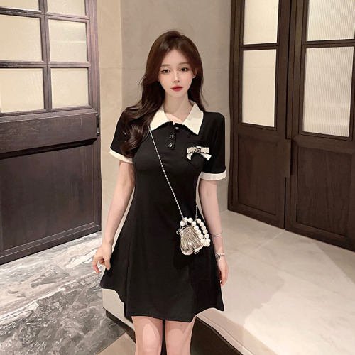 [Real shot] [Original fabric - How to make] French-style polo dress with pockets, slim little black dress in summer