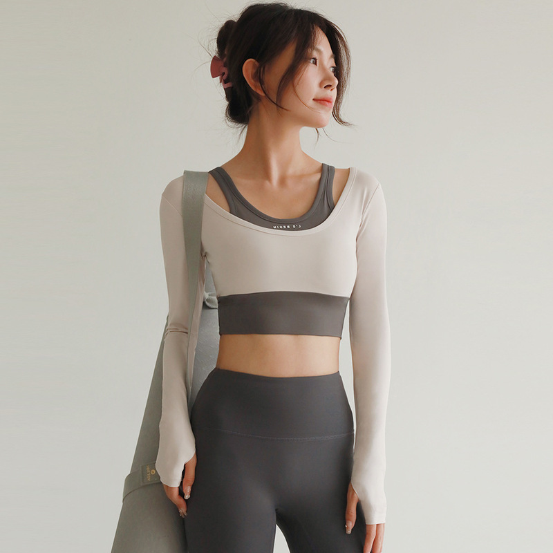 Yoga clothing with chest pad long-sleeved T-shirt for women's sports running training fake 2-piece tight-fitting Pilates fitness quick-drying top