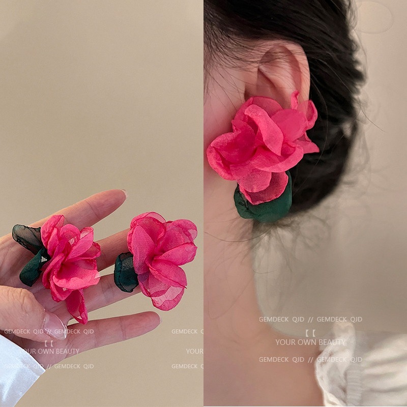 Fabric flower earrings for women French pastoral romantic gentle wind fairy atmosphere earrings fashion temperament ear jewelry