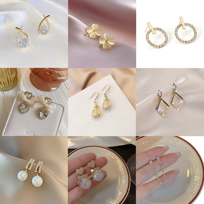 Pearl earrings, fashionable and high-end tassel diy bow with diamonds, heart-shaped zircon earrings, flower drip earrings
