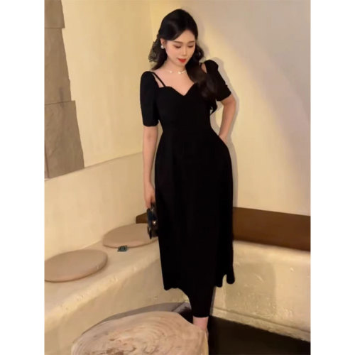 [Good Fabric] Pure lust-style hottie off-shoulder V-neck dress for women with fat summer belly-covering slimming chic long skirt