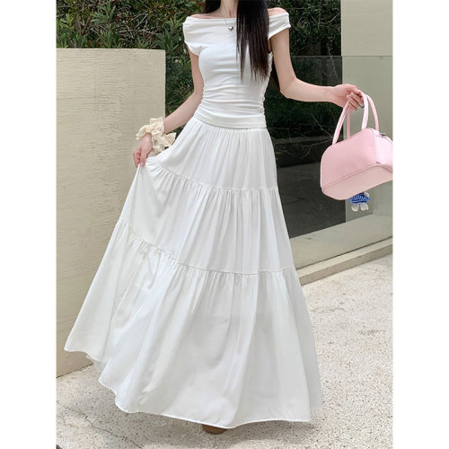 [Tmall Quality] [Full Elastic Waist] French white skirt for women summer new fat girl slimming A-line skirt