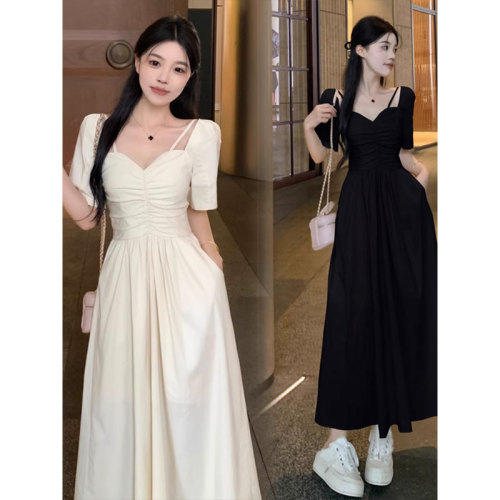 [Good fabric] Light and mature style short-sleeved dress for women with summer slimming and pure desire French V-neck waist long dress