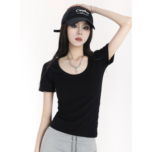 [Quality - original quality] Right shoulder short-sleeved T-shirt women's slim U-neck collarbone exposed short top for small people