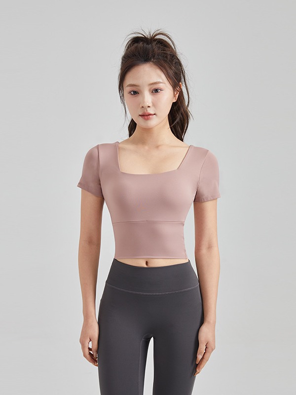 New square neck yoga short-sleeved sports tight quick-drying fitness tops with chest pads yoga clothes for women summer
