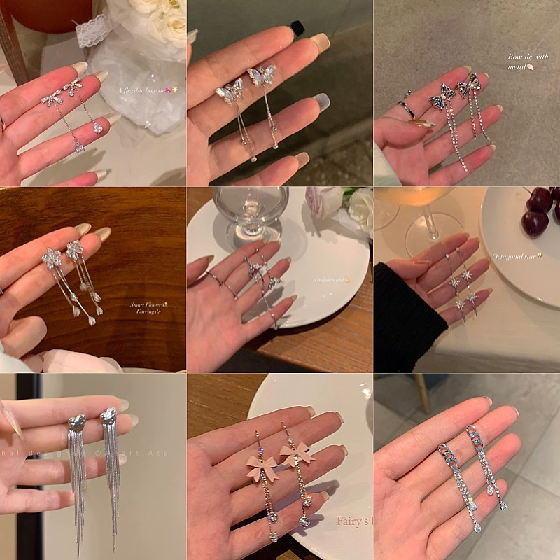 Diamond-encrusted sweet cool hot girl cool style butterfly tassel asymmetric earrings high-end style simple light luxury earrings