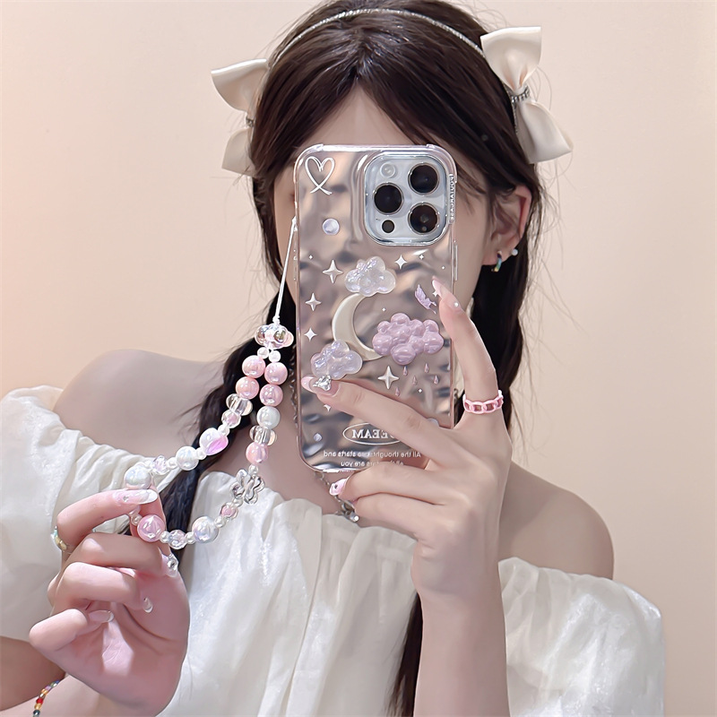 Fantasy pink three-dimensional cloud moon suitable for iphone15Promax apple 14 mobile phone case 13 electroplating 12 women