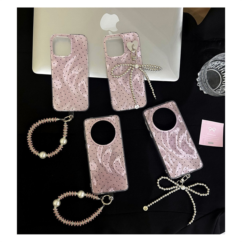 Water ripple pink purple polka dot double layer suitable for Apple 15promax mobile phone case iPhone14/13 hanging chain 14pro