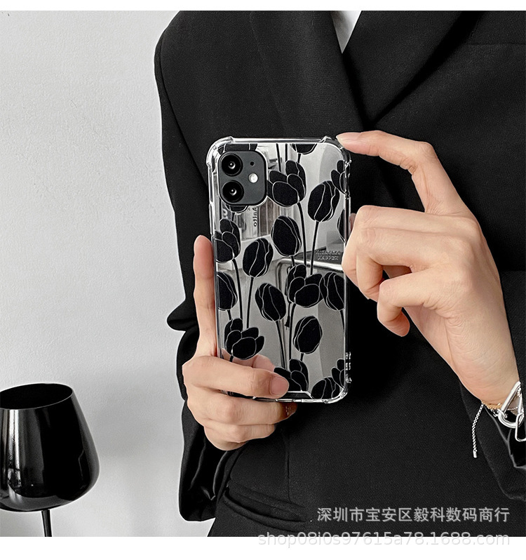Black Tulip suitable for iPhone13ProMax mirror phone case Apple 12 niche XR anti-fall soft shell XS