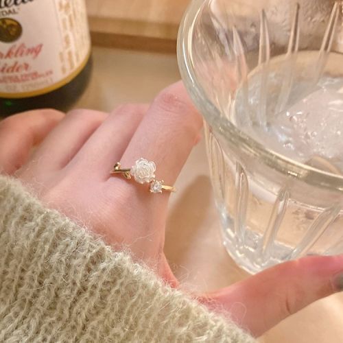 Camellia open ring for women, adjustable niche design, fashionable personality, light luxury, high-end zircon index finger ring