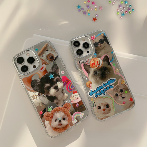 Diamond stickers for cats and dogs iPhone15 Apple mobile phone case 14promax electroplated mirror 11 cute 12 applicable 13