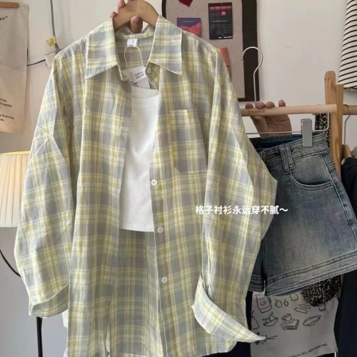 Retro contrast plaid shirt tops for women 2024 new women's summer mid-length loose sun protection shirt jacket