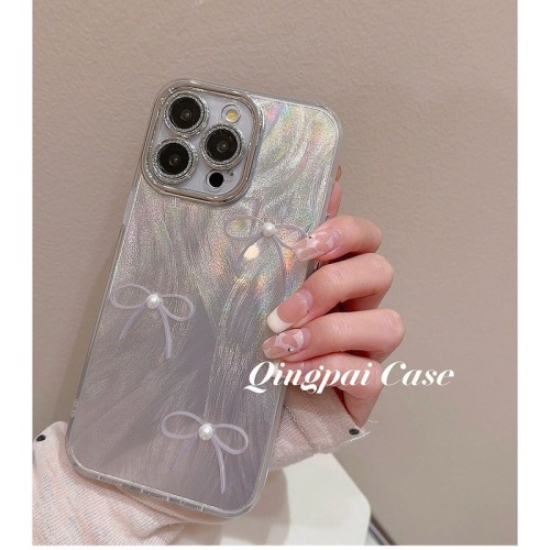 Lens film feather gauze pearl bow suitable for Apple 15promax mobile phone case iphone13/14pro female trend