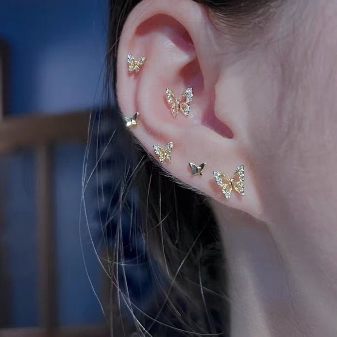 925 silver earrings for women simple ear piercing three-dimensional small butterfly ear bone nails ins high-end temperament earrings earrings trendy