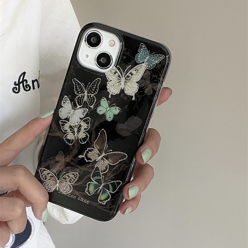 New Chinese style butterfly glitter double layer suitable for Apple 15ProMax mobile phone case iPhone14 anti-fall 13/12 black