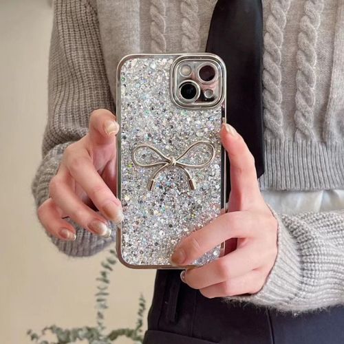 Internet celebrity ins glitter powder three-dimensional bow suitable for Apple 15promax mobile phone case iphone13 trendy sequin silver