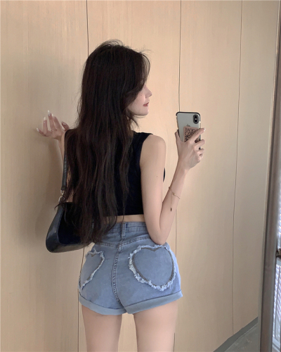 Real shot!  Hot girl denim shorts design with love curling high waist wide leg straight pants