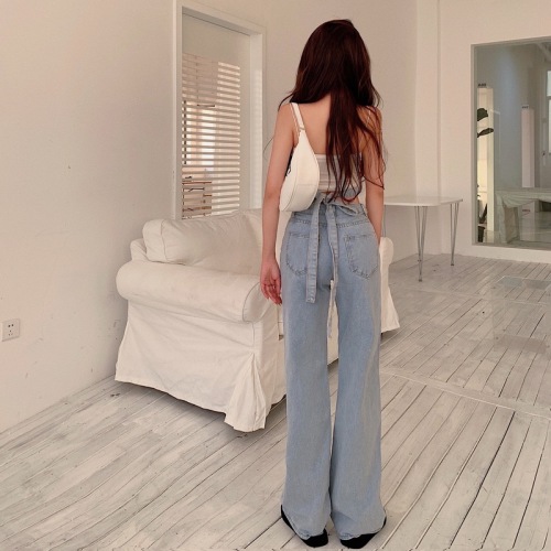 Real shot!  Fashionable Crossover High Waisted Wide Leg Pants Women's Slim Retro Temperament Light Color Jeans Women's Fashion