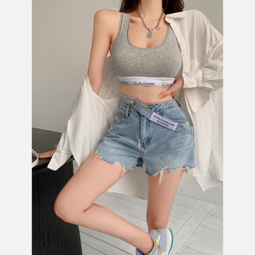 Real shot!  Fashion super hot staggered high waist hot pants women's raw edge design shorts jeans trendy