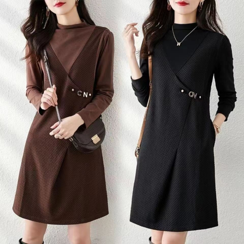 Autumn and winter new style small fragrance style high-end bottoming with coat French fake two-piece dress for women