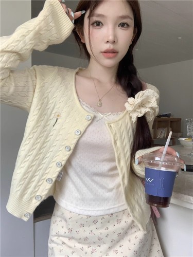 2024 Spring Yellow Twist Knitted Cardigan Tops for Women