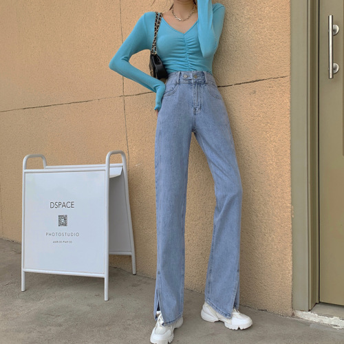 Real shot!  Slit wide leg pants autumn new high waist floor-length loose jeans