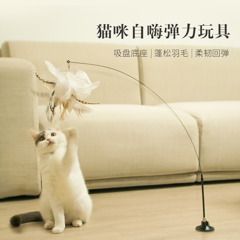 Powerful suction cup cat self-pleasure relief toy self-pleasure long pole cat teasing stick with replaceable feather head