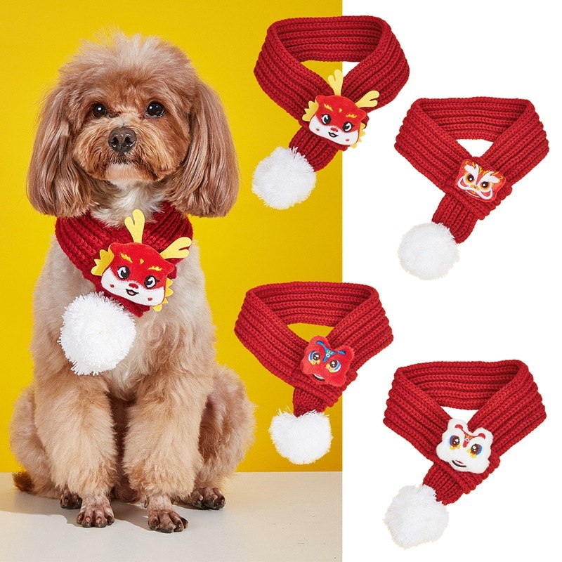 Festive New Spring Festival Dragon Horn Lion Dance Red Festive White Fur Ball Warm Dog Cat Corgi Bichon Scarf