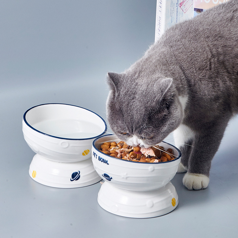 Starry Sky series high-legged ceramic cat bowls to protect cervical vertebrae, cat bowls, slanted mouth pet bowls, small dog and cat drinking bowls