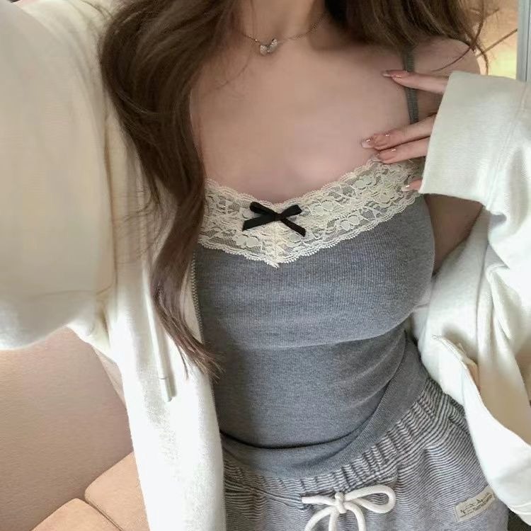 Pure desire lace gray camisole for women with breast pads for inner and outer wear, short slim fit design for niche women
