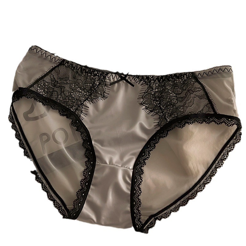 Pure lust satin eyelash lace sexy semi-transparent low-waist briefs for young girls cotton anti-bacterial and breathable thin