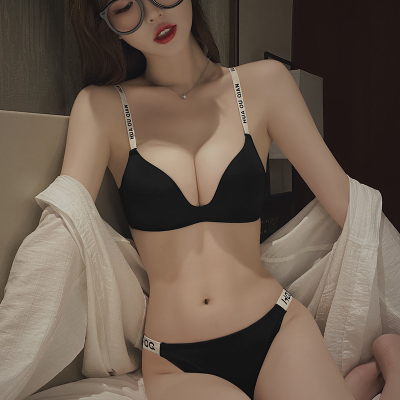 Seamless underwear for women, push-up small breasts, larger breasts, bra and panties set, brand letter shoulder straps can be exposed