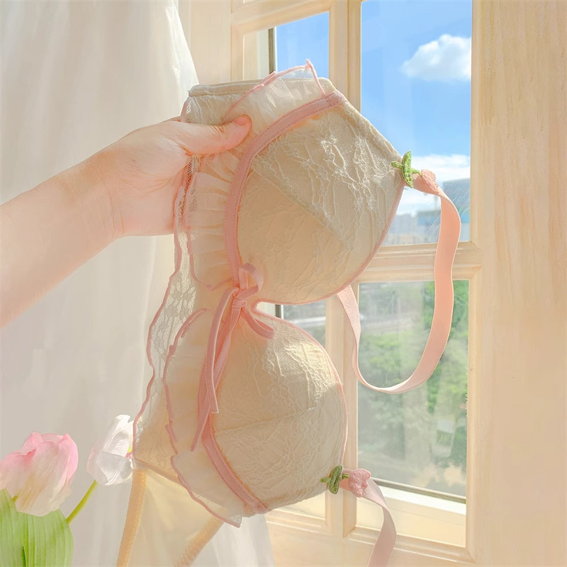 French summer thin underwear for women with small breasts, no wire rings, side breasts, pure lust style sexy lace bra set