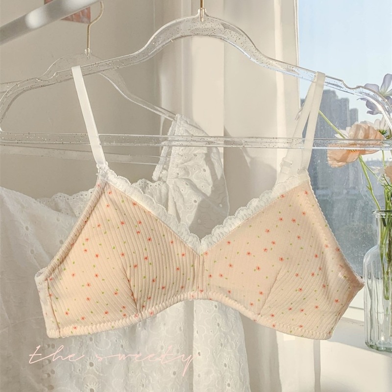 French Floral Small Breast Gathered Thin Breathable Triangular Cup Wireless Underwear Girls Seamless Student Bra